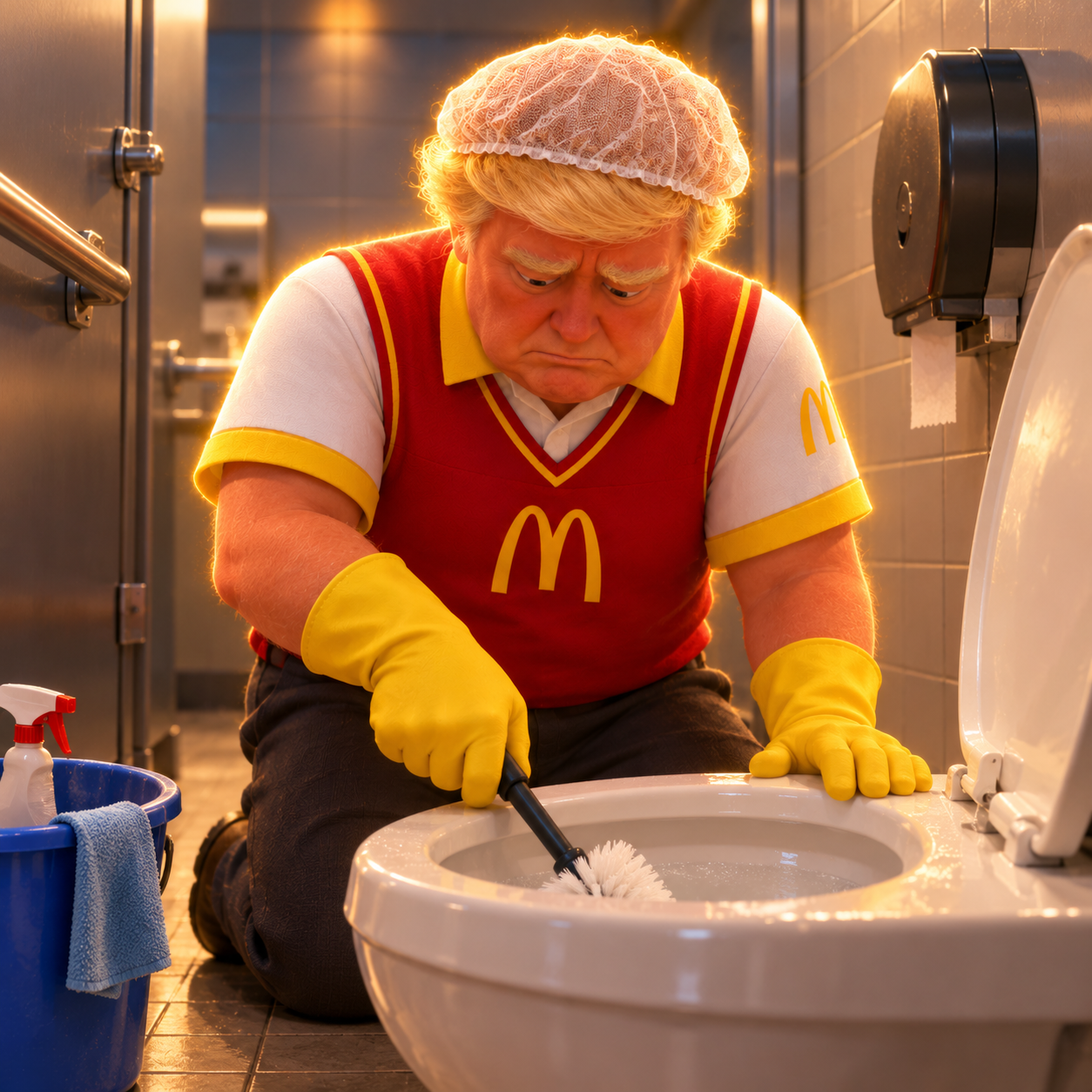 Normietrump scrubbing a toilet during his cleaning shift