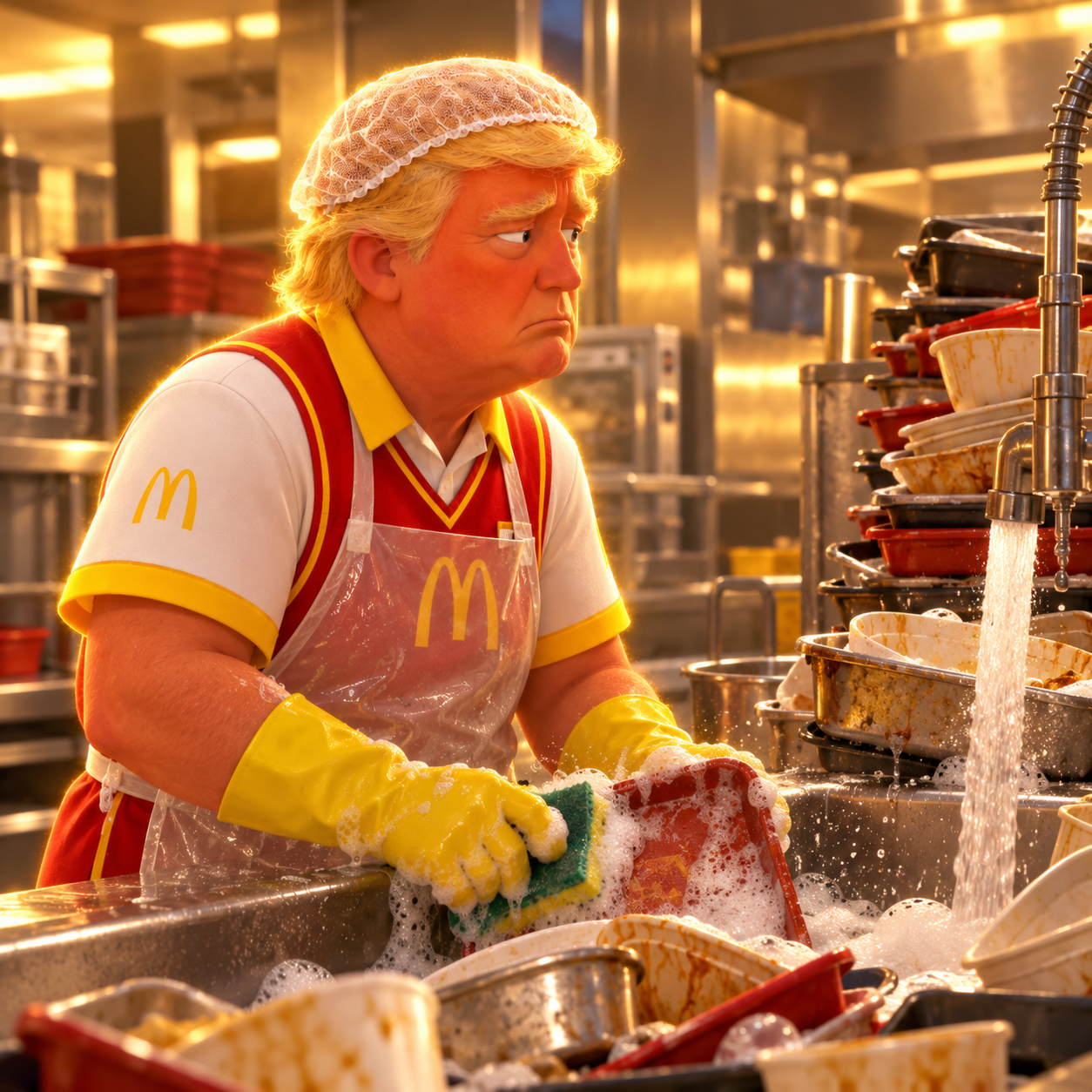 Normietrump washing dishes in yellow gloves at the kitchen sink